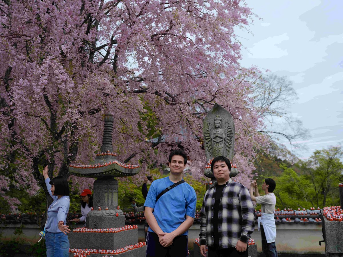 Two RADLab members under cherry blossoms at a temple in Japan